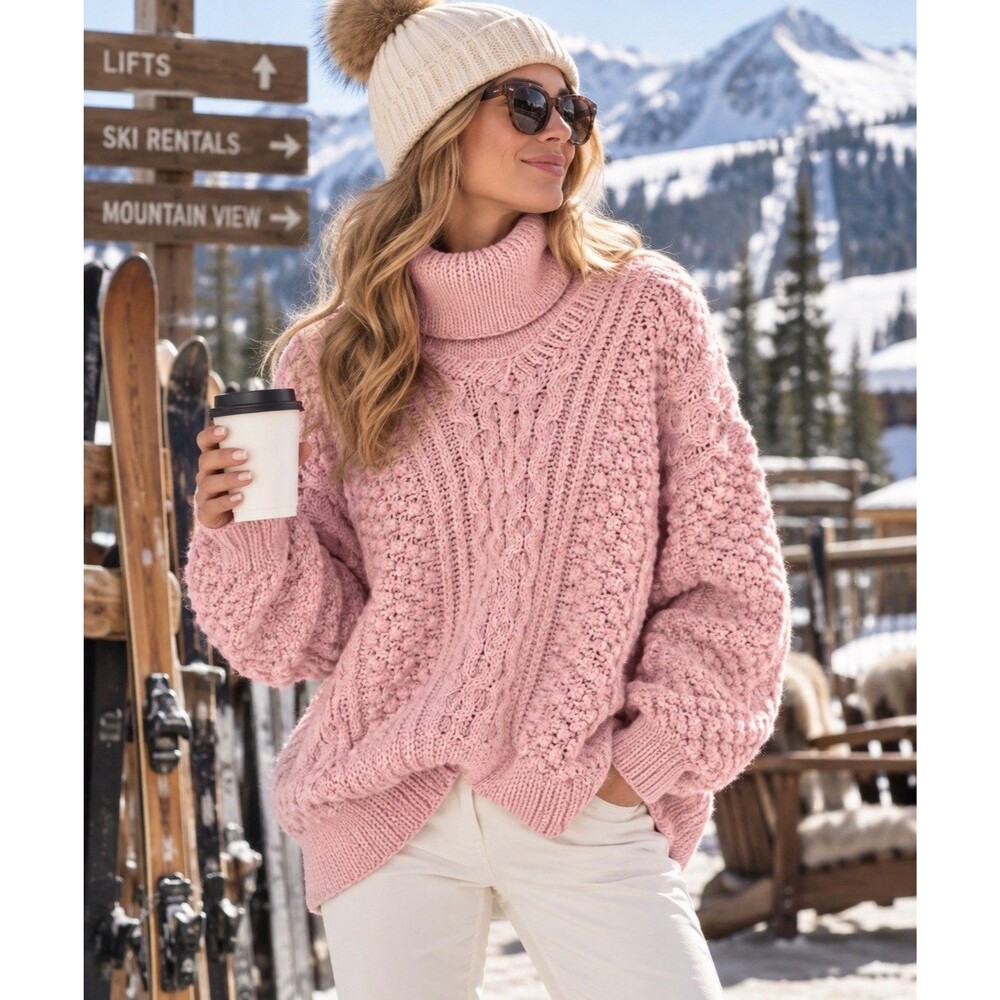 Vintage Obermeyer 100% Wool Chunky Fisherman Sweater Pink Oversized M Nordic 80s